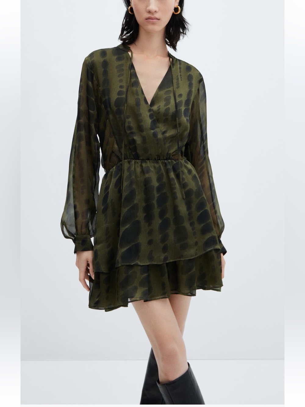 Mango Olive Green and Black Printed V-Neck Tiered Mini Dress